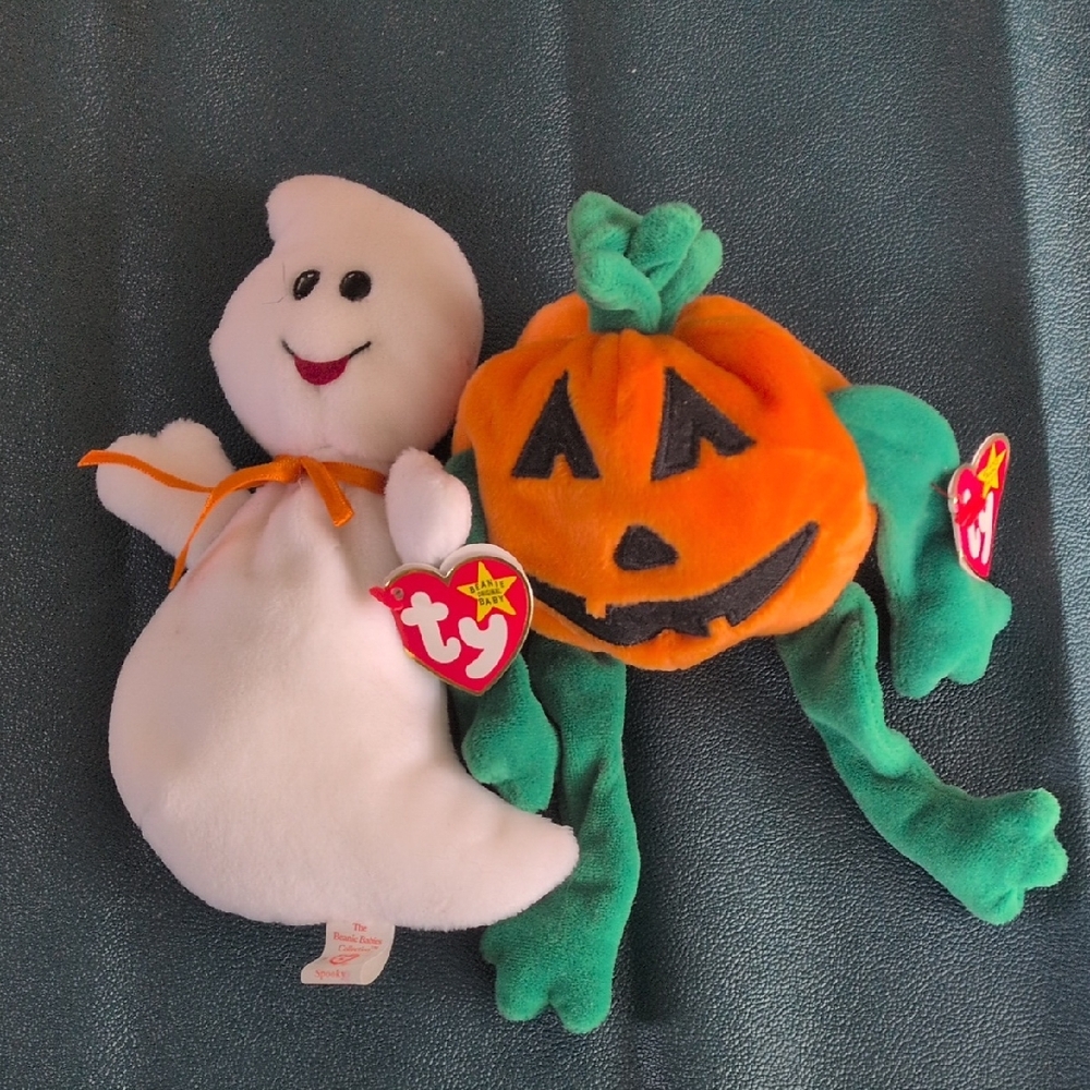 Lot Of Two Halloween Beanie Babies - Pumpkin & ghost